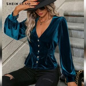 SHEIN Teal Velvet Button-Front Peplum Blouse